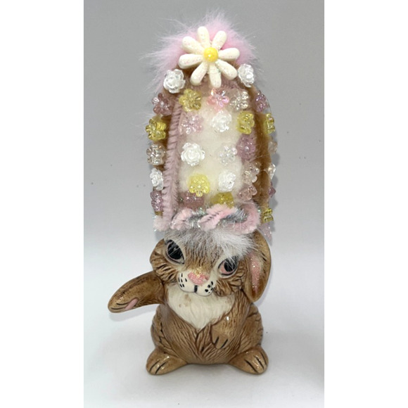 Vintage Ceramic Dancing Easter Bunny With Poof Faux Fur Flower Hat Deb O. OOAK - Picture 3 of 16